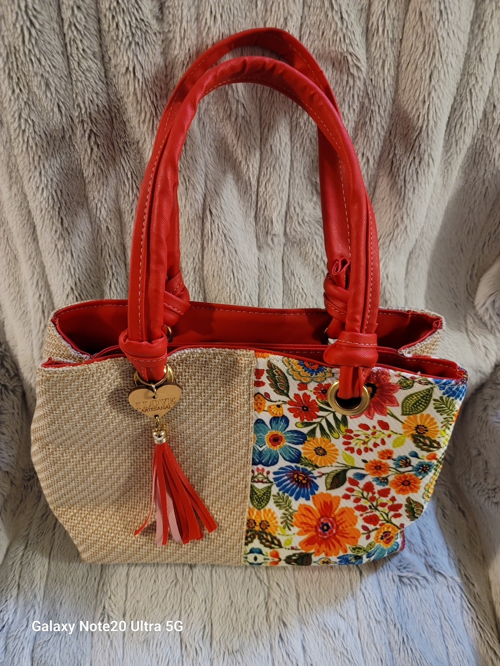 Red Floral Tote Handbag with Tassel Accent